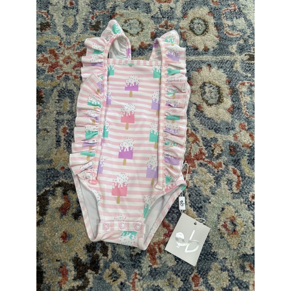 Birdie Bean Swimsuit Girls 12-18m Pink Popsicle Stripe Ruffle One Piece NWT‎